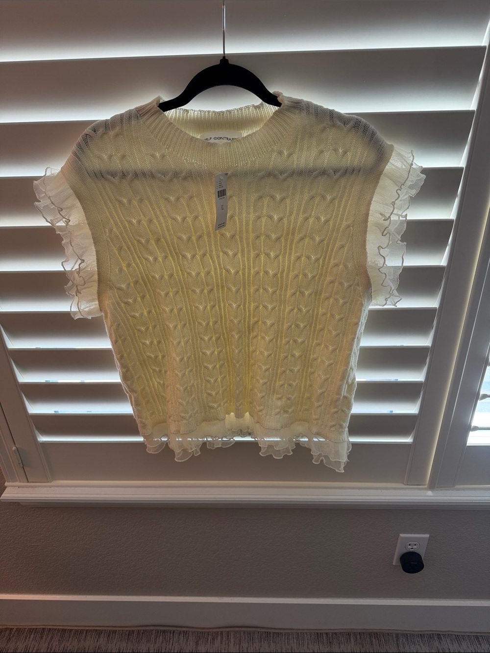 Anthropologie Cream Cable Knit Ruffle-Trim Sleeveless Sweater